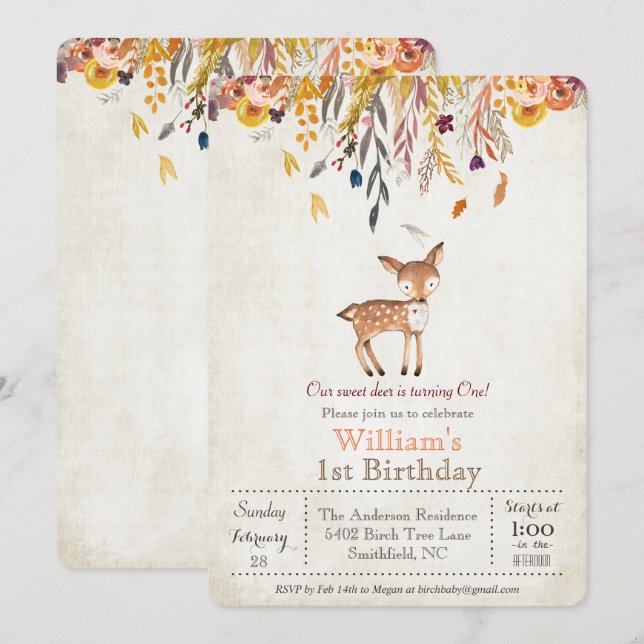 Baby Deer Fall 1st Birthday Invitation (Front/Back)