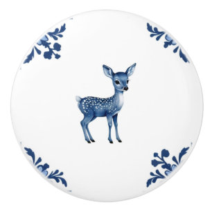 Baby Deer Fawn Delft Blue and White Corners Ceramic Knob