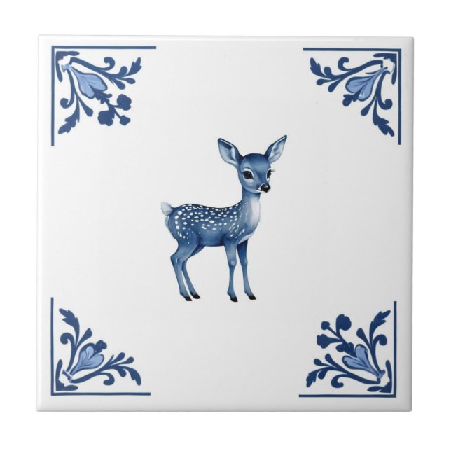 Baby Deer Fawn Delft Blue and White Corners Tile (Front)