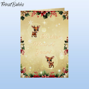 Baby Deer, Fawn, Doe, Floral Reindeer 🦌 🎄 Gold Foil Holiday Card