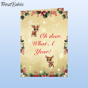 Baby Deer, Fawn, Doe, Floral Reindeer 🦌 🎄 Gold Holiday Card