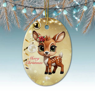 Baby Deer, Fawn, Doe 🦌 🎄Gold Merry Christmas Ceramic Ornament