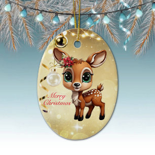 Baby Deer, Fawn, Doe 🦌 🎄Gold Merry Christmas Ceramic Ornament