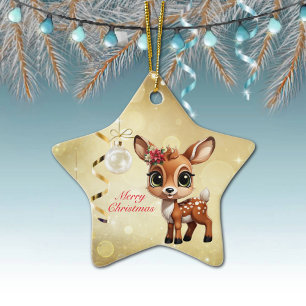 Baby Deer, Fawn, Doe 🦌 🎄Gold Merry Christmas Ceramic Ornament