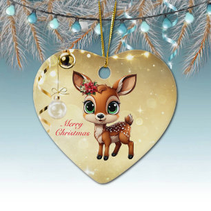Baby Deer, Fawn, Doe 🦌 🎄Gold Merry Christmas Ceramic Ornament