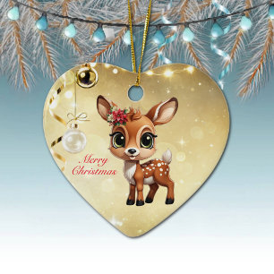 Baby Deer, Fawn, Doe 🦌 🎄Gold Merry Christmas Ceramic Ornament
