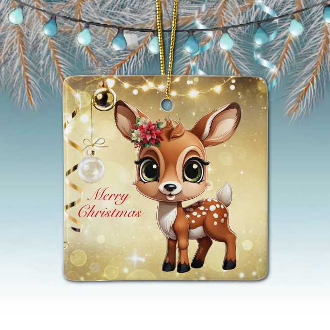 Baby Deer, Fawn, Doe 🦌 🎄Gold Merry Christmas Ceramic Ornament (Baby Deer, Floral Fawn, Doe Poinsettia Customizable Merry Christmas Gold Square Ceramic Ornament🦌🎄)