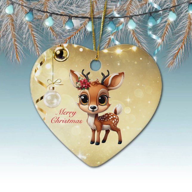 Baby Deer, Fawn, Doe, Reindeer🦌 🎄Merry Christmas Ceramic Ornament (Baby Deer, Floral Fawn, Cute Doe Poinsettia Flower Merry Christmas Gold Heart Ceramic Ornament 🦌🎄)