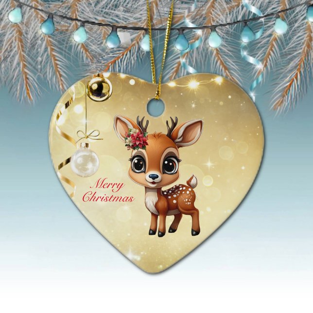 Baby Deer, Fawn, Doe, Reindeer🦌 🎄Merry Christmas Ceramic Ornament (Reindeer, Floral Fawn, Cute Doe Poinsettia Flower Merry Christmas Gold Heart Ceramic Ornament 🦌🎄)