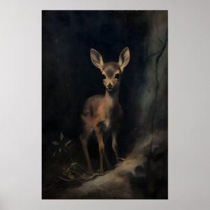 Baby Deer Fawn Wall Art, Woodland Animals, Dark Poster