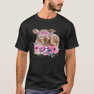 Baby Deer Fawn with Flowers Forest Animals Nature  T-Shirt