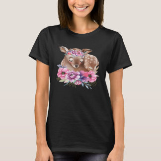 Baby Deer Fawn with Flowers Forest Animals Nature  T-Shirt