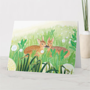 Baby Deer - Fawns in Tall Grass Illustration Card