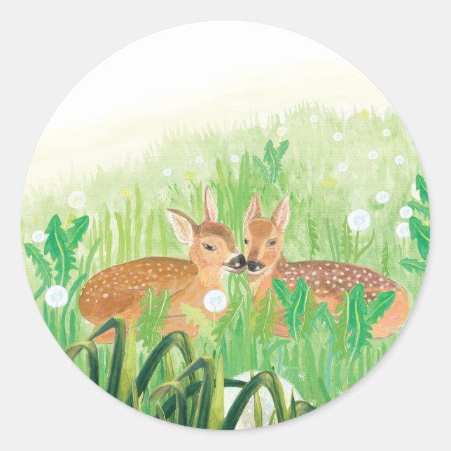 Baby Deer - Fawns in Tall Grass Illustration  Classic Round Sticker (Front)