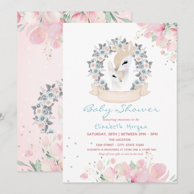 Baby Deer Floral Drive By Baby Shower  Invitation (Front/Back)