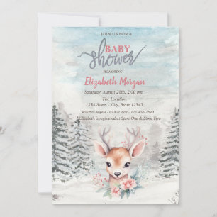Baby Deer Flower Forest Snow Baby Shower   Invitation