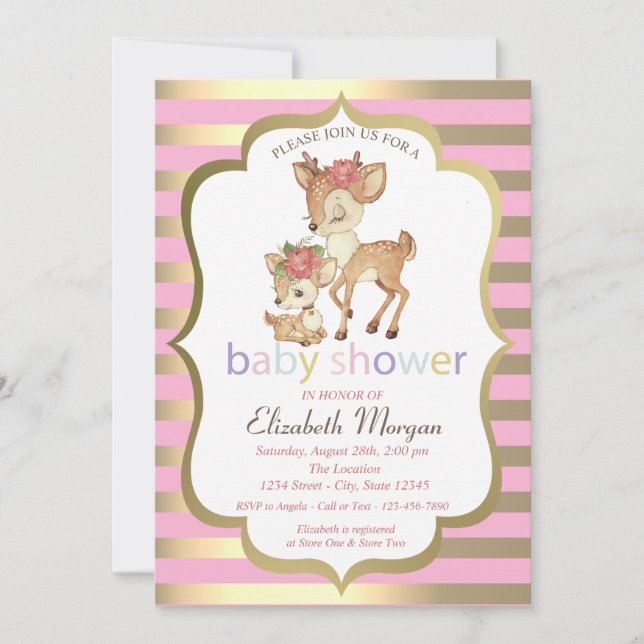 Baby Deer Flower Gold Stripe Baby Shower  Invitation (Front)