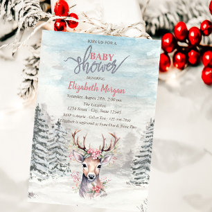 Baby Deer Holly Berry Forest Snow Baby Shower   Invitation