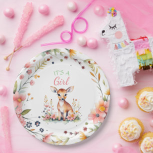 Baby Deer in Flowers It's a Girl Baby Shower Paper Plate