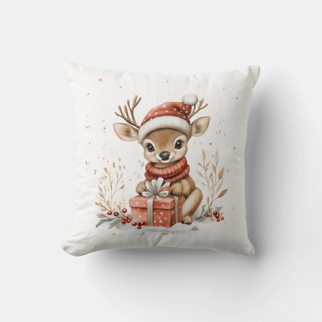Baby Deer in Red Christmas Santa Hat Throw Pillow (Front)