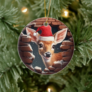 Baby Deer in Santa Hat  Ceramic Ornament