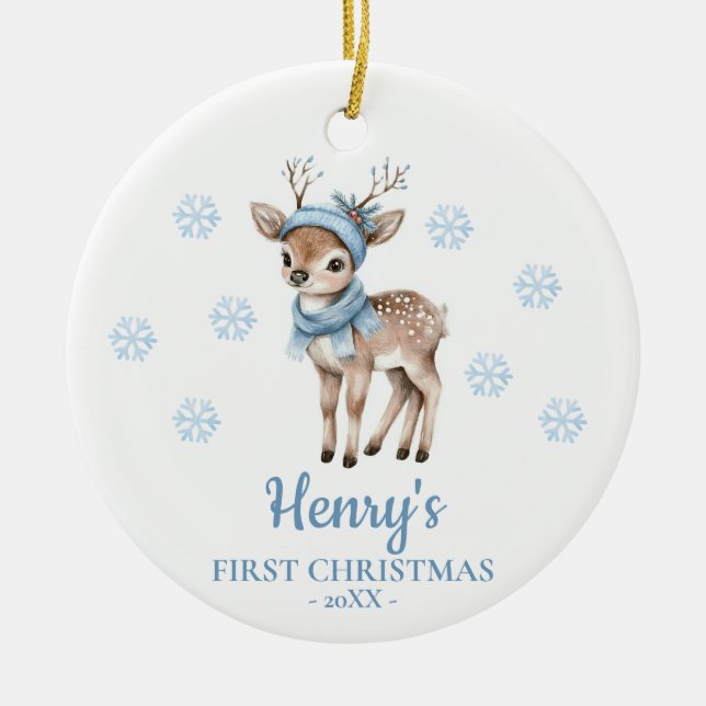 Baby Deer Personalized Baby's First Christmas Ceramic Ornament (Front)