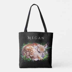 Baby Deer Personalized Custom Name Black Tote Bag