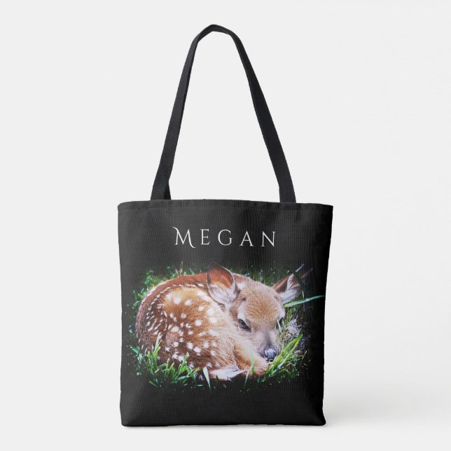 Baby Deer Personalized Custom Name Black Tote Bag (Back)