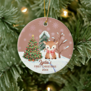 Baby Deer Snow Trees First Christmas Ceramic Ornament