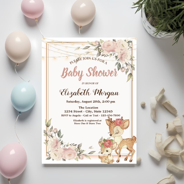 Baby Deer String Lights,Floral Baby Shower  Invitation (Creator Uploaded)