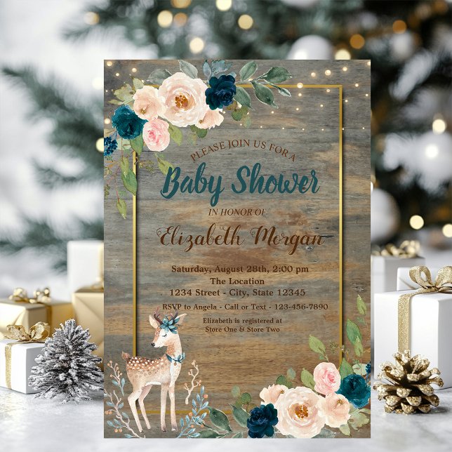 Baby Deer String Lights,Wood Floral Baby Shower  Invitation (Creator Uploaded)