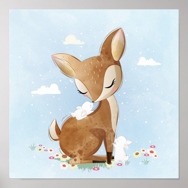 Baby deer with a baby bunnies  poster (Front)