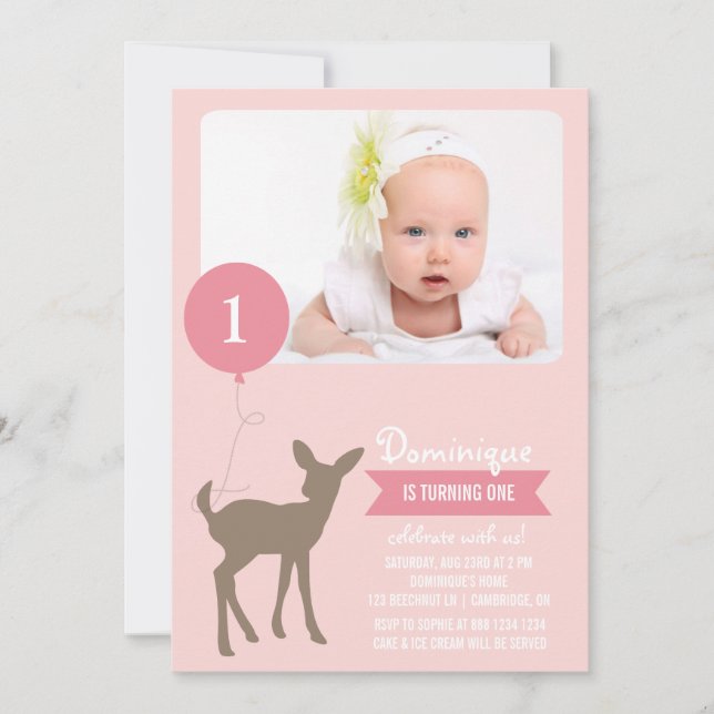 Baby Deer with a Balloon Photo Birthday Invitation (Front)