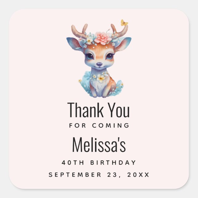 Baby Deer with Antlers and Flowers Birthday Thanks Square Sticker (Front)