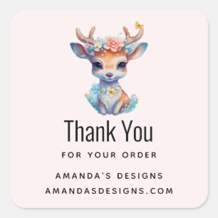 Baby Deer with Antlers and Flowers Business Thanks Square Sticker