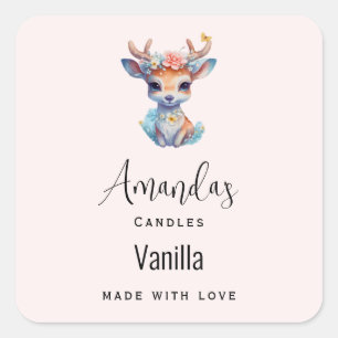 Baby Deer with Antlers and Flowers Candle Business Square Sticker