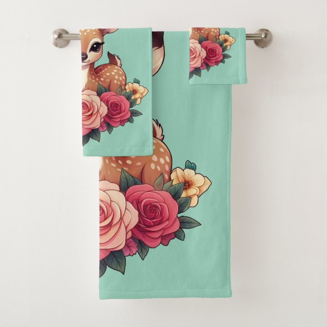Baby Deer with Roses and Green Foliage Bath Towel Set (Insitu)