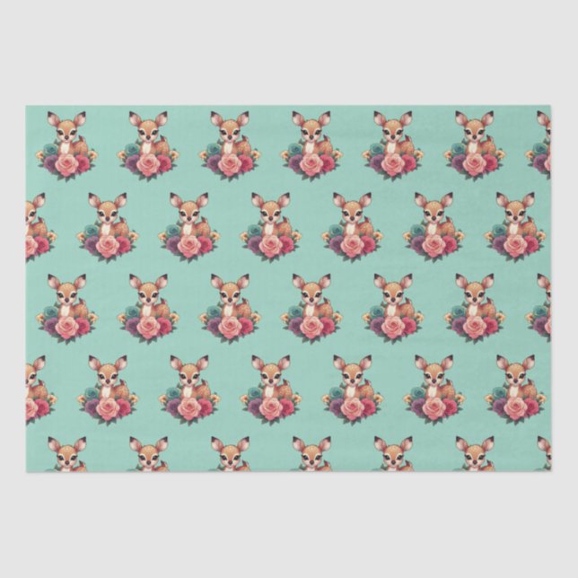 Baby Deer with Roses and Green Foliage Tissue Paper (Front)