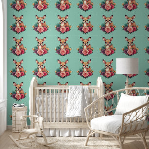 Baby Deer with Roses and Green Foliage Wallpaper
