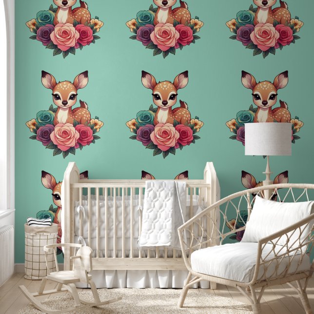 Baby Deer with Roses and Green Foliage Wallpaper (Kids)