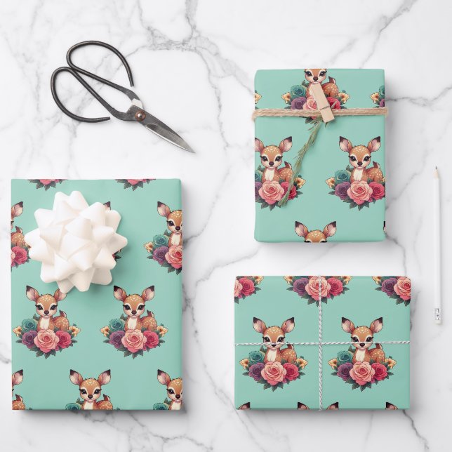 Baby Deer with Roses and Green Foliage Wrapping Paper Sheet (Front)