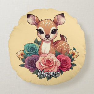 Baby Deer with Roses Woodland Floral Round Pillow