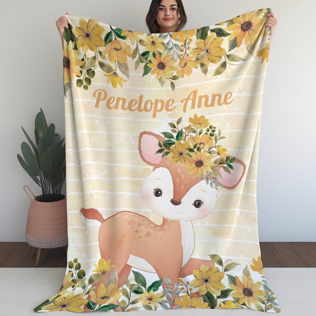 Baby Deer with Sunflowers Fleece Blanket with Name (Baby Deer with Sunflowers Fleece Blanket with Name (L))