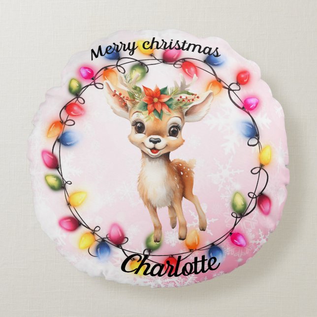 Baby Deer within a wreath of lights Round Pillow (Front)