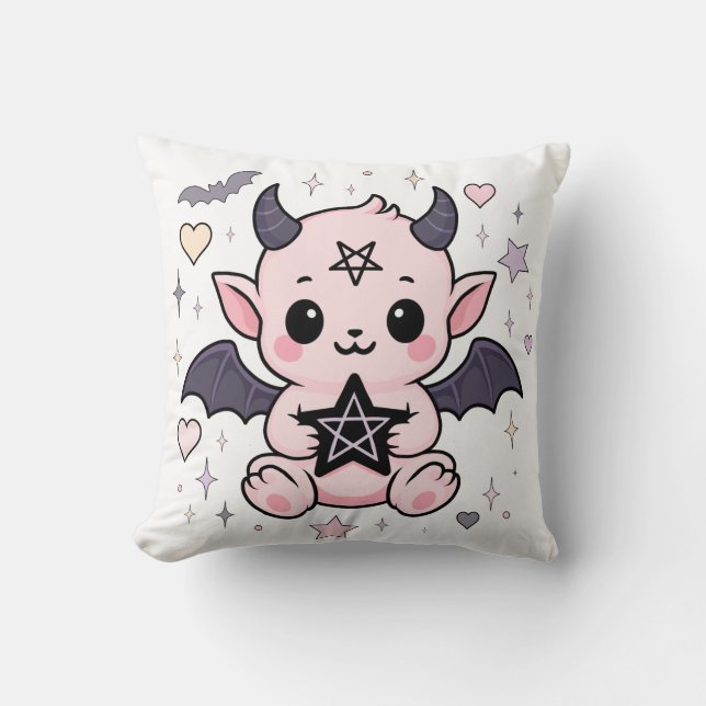 Baby Devil – Kawaii Pastel Goth Demon Throw Pillow (Front)