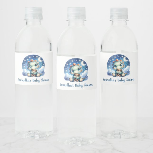 Baby dino hugging teddy bear baby shower water bottle label (Bottles)