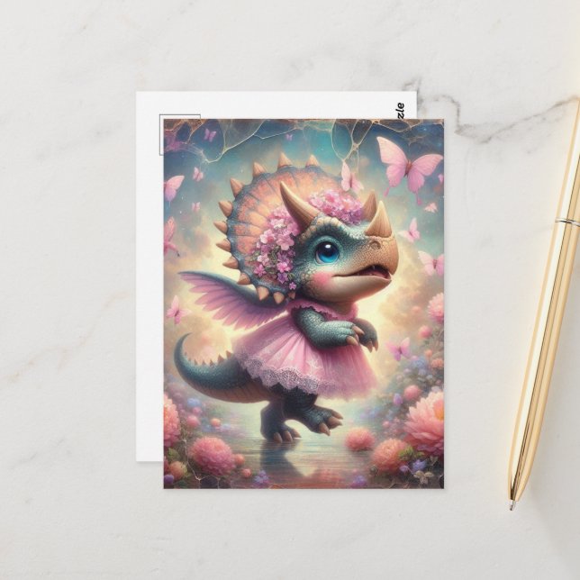 Baby Dino in a Pink Dress Postcard (Front/Back In Situ)