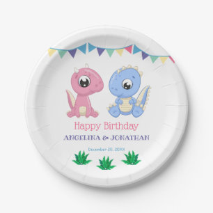 Baby Dinosaur Boy and Girl Joint Birthday Paper Plate