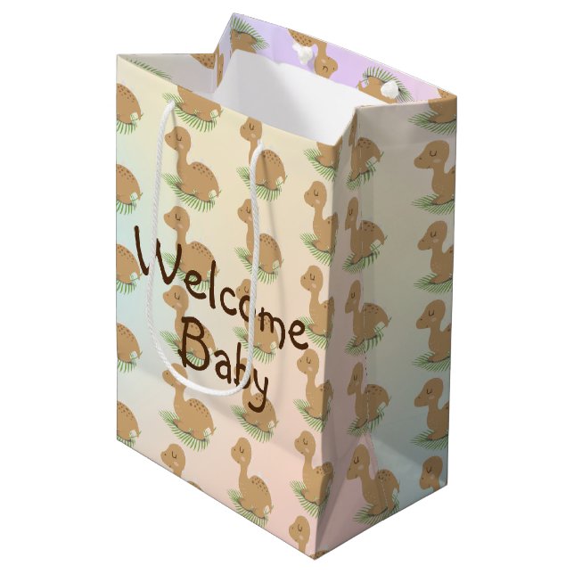 Baby Dinosaur On Leaf Baby Gift Medium Gift Bag (Front Angled)