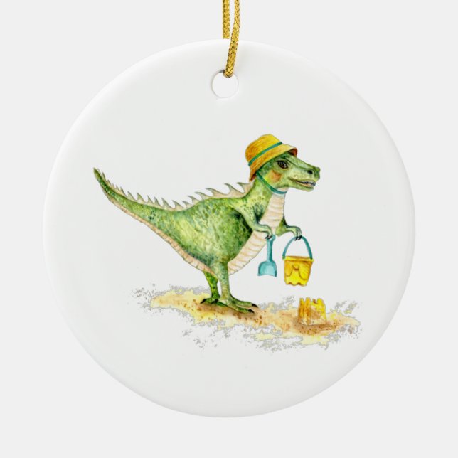 Baby Dinosaur T-Rex on the Beach Ceramic Ornament (Front)